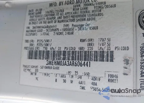 2010 Mercury Milan Premier from USA, damaged, VIN 3MEHM0JA3AR606441